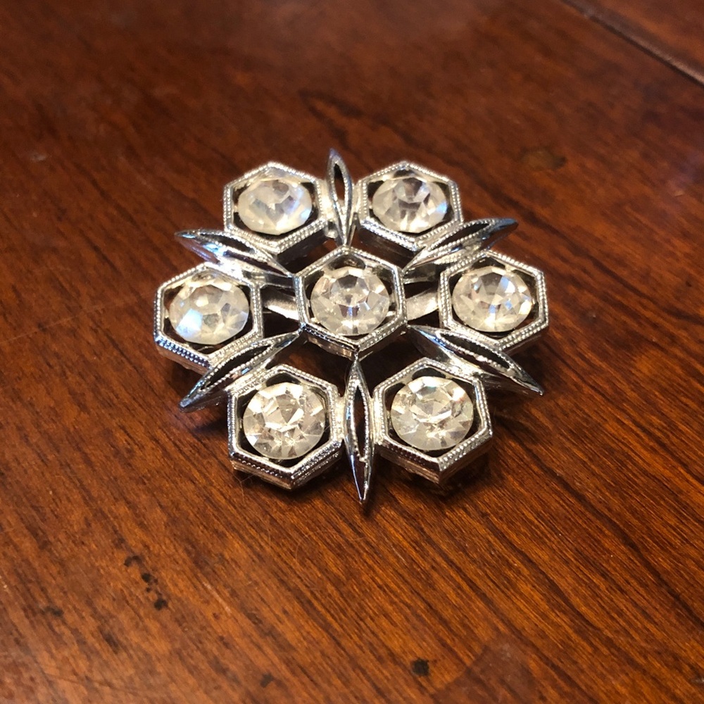 Clear Rhinestone Snowflake Brooch Pin Vintage